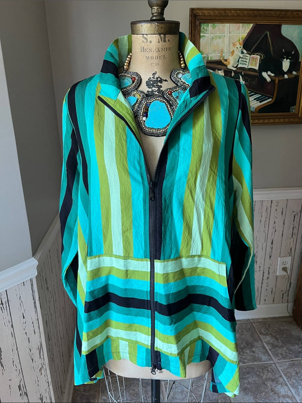 Koran Striped Teal & Lime Zip-Front Women's Jacket Shacket blouse L/ Xl